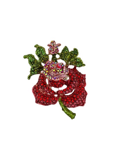 Yaprak Detay Renkli Taşlı Gül Broş