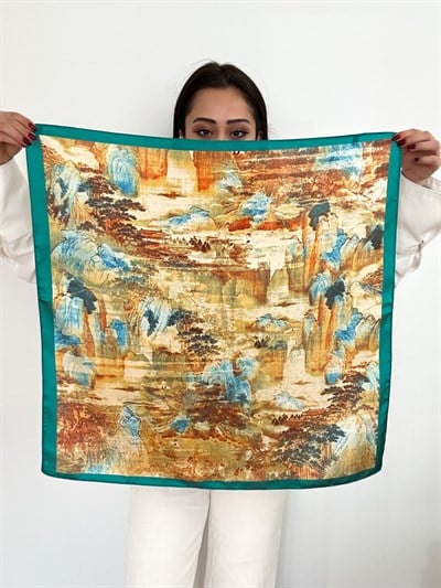 Yeşil Kenar Tablo Desenli Fular (70 * 70)