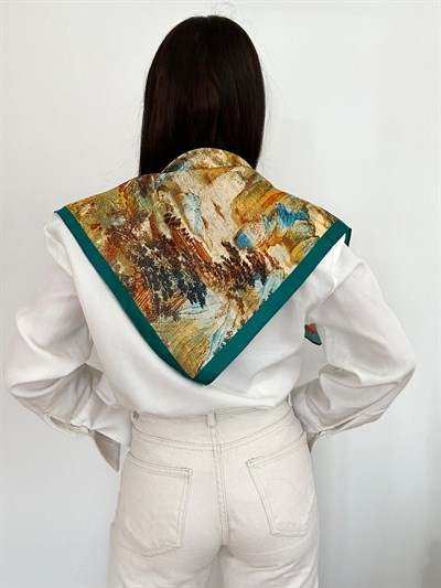 Yeşil Kenar Tablo Desenli Fular (70 * 70)