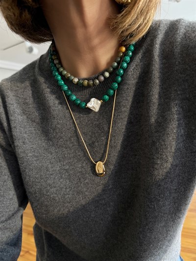 Yeşil Sarı Hareli Akik Taş Sıralı Kolye Kombini