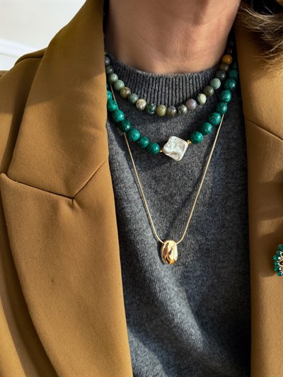 Yeşil Sarı Hareli Akik Taş Sıralı Kolye Kombini