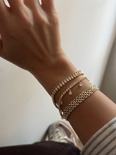 Zirkon Oval Taşlı Plaka Sıralı Tasarım Bileklik Kombini