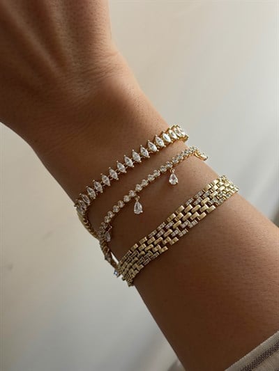 Zirkon Oval Taşlı Plaka Sıralı Tasarım Bileklik Kombini