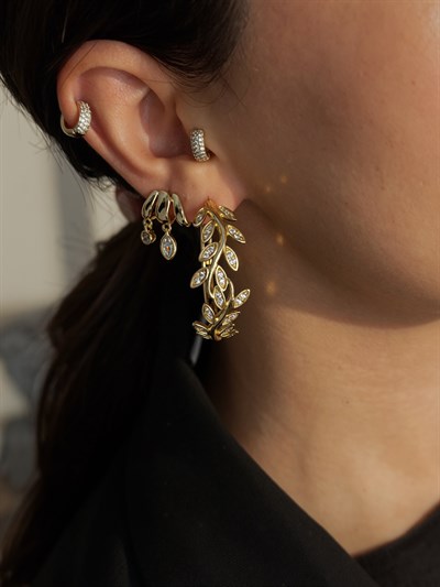 Zirkon Taş Detay Yaprak Figür Halka Küpe Kombini