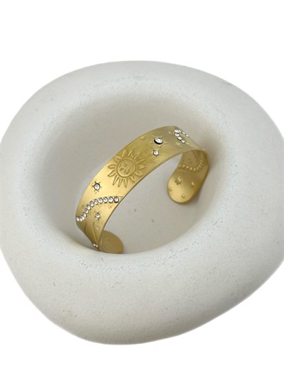 Zirkon Taşlı Güneş Figür Otantik Çelik Kelepçe Bileklik