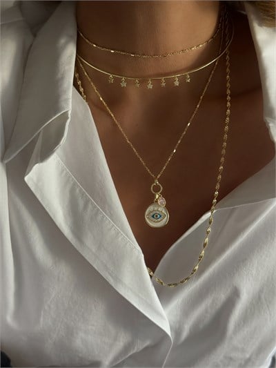 Zirkon Taşlı ve Plaka Yıldız Sallantılı Boru Plaka Choker Kolye Kombini