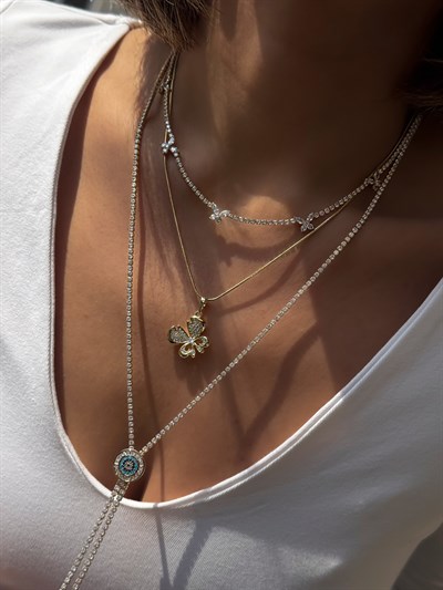 Zirkon ve Baget Taşlı Nazar Model Su Yolu Dekolte Y Kolye Kombini