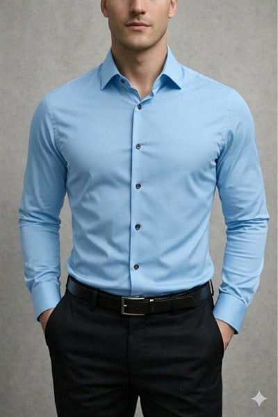 Slim Fit Uzun Kollu Kolay Ütü Teri Emen Nefes Alan Doku Kravatlık Dört Mevsim Erkek Gömlek