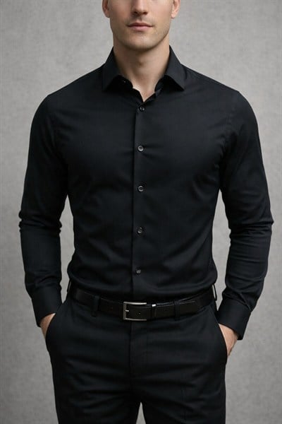 Slim Fit Uzun Kollu Kolay Ütü Teri Emen Nefes Alan Doku Kravatlık Dört Mevsim Erkek Gömlek
