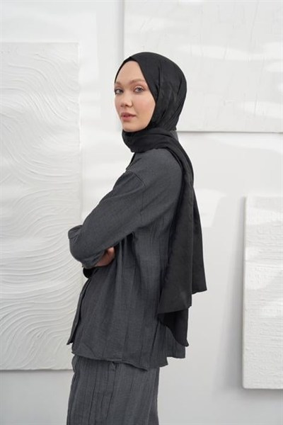 Armanda Jakarlı Şal - Kazayağı Desenli - Siyah