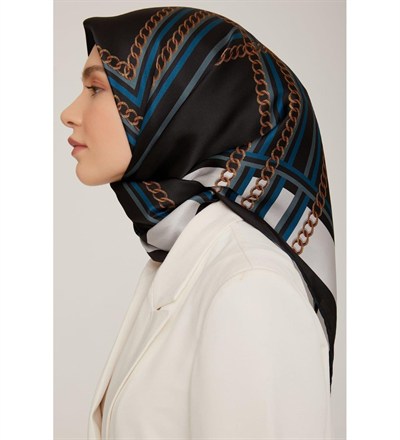 Armine İpek Eşarp 2023 Kış - 8845-50 Siyah Petrol Twill
