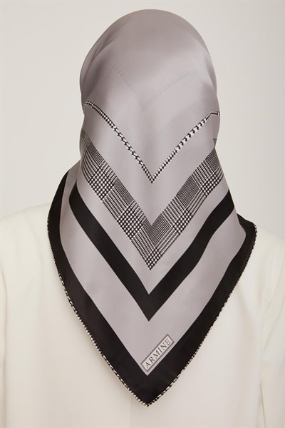 Armine İpek Eşarp 2023 Kış 8811-32 Siyah Gri Twill