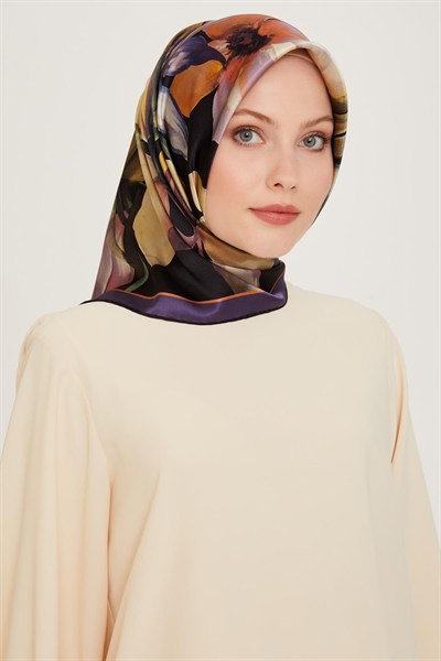 Armine İpek Eşarp 2025 Kış - 9205-02 Siyah Turuncu Sura