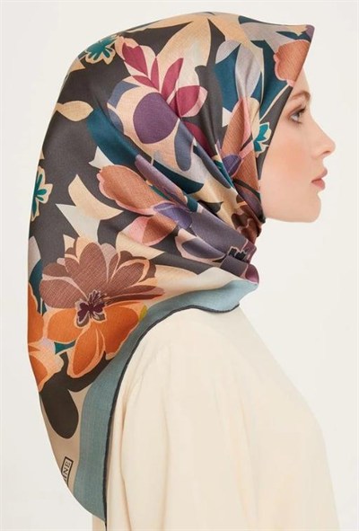 Armine İpek Eşarp 2025 Kış - 9238-81 Bej Mavi Twill
