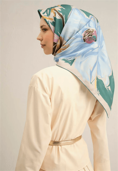 Armine İpek Eşarp 2025 Yaz - 9337-50 Yeşil Mavi Twill