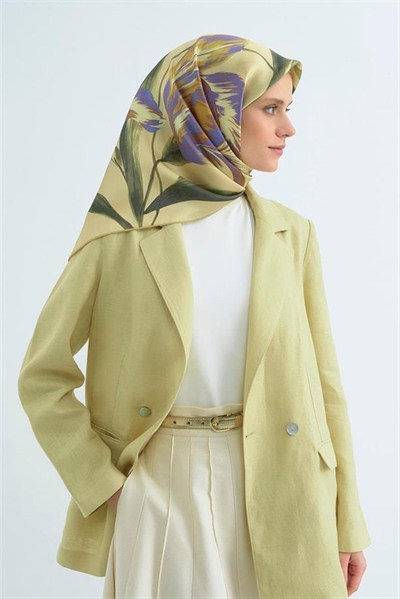 Armine İpek Eşarp 2026 Yaz - 9506-01 Tereyağ Sarısı Mor Sura
