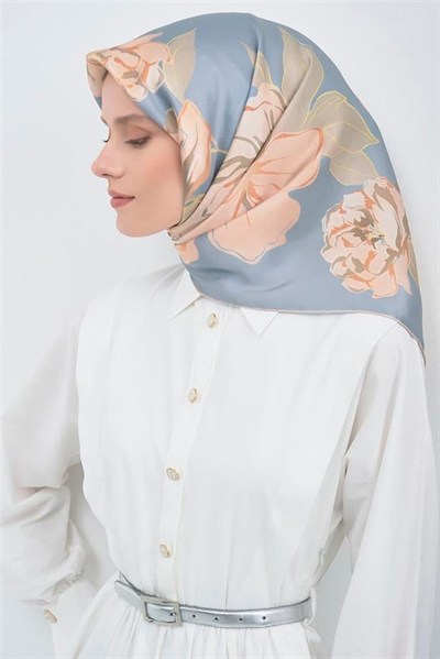Armine İpek Eşarp 2026 Yaz - 9509-81 Mavi Somon Twill
