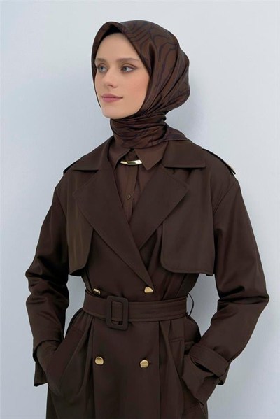 Armine İpek Eşarp 2026 Yaz - 9511-80 Koyu Kahve Siyah Twill
