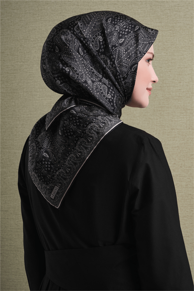 Armine İpek Eşarp 2027 Kış - 9631-83 Siyah Ekru Twill