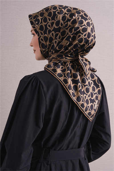 Armine İpek Eşarp 2027 Kış - 9638-06 Siyah Sarı Twill