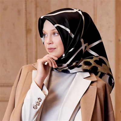 Armine İpek Eşarp Nostalji - 8653-20 Siyah Bej Twill