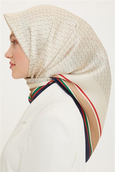 Armine İpek Eşarp Nostalji - 8724-04 Krem Lacivert Twill