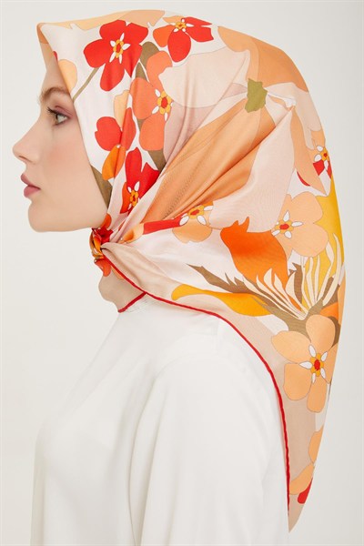 Belli Twill İpek Eşarp - 4011-84 Somon Kırmızı
