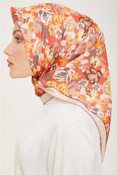 Belli Twill İpek Eşarp - 4018-33 Kırmızı Bej