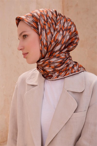 Belli Twill İpek Eşarp - 4103-86 Turuncu Kahve