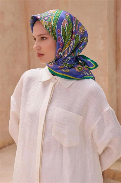 Belli Twill İpek Eşarp - 4111-09 Mavi Yeşil