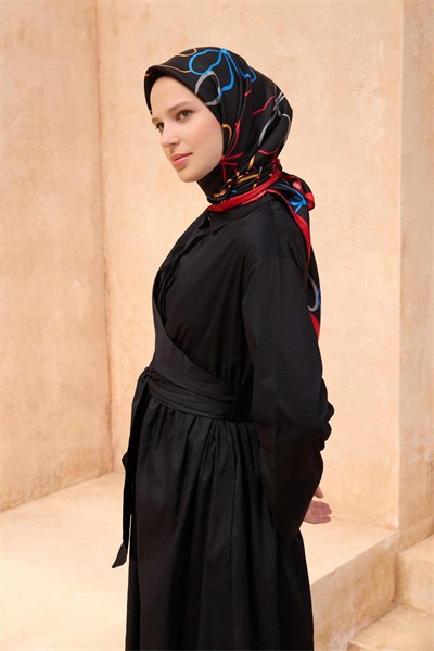 Belli Twill İpek Eşarp - 4113-85 Siyah Kırmızı