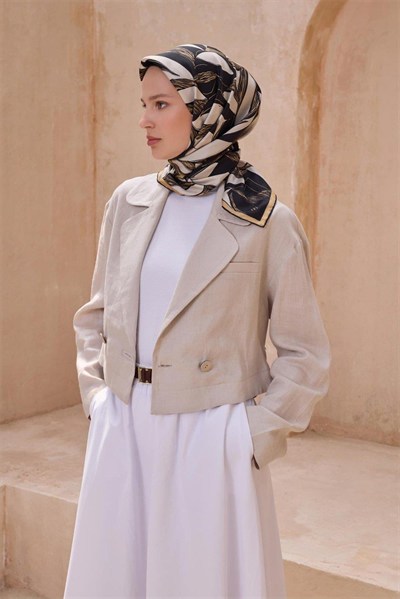 Belli Twill İpek Eşarp - 4123-30 Siyah Ekru