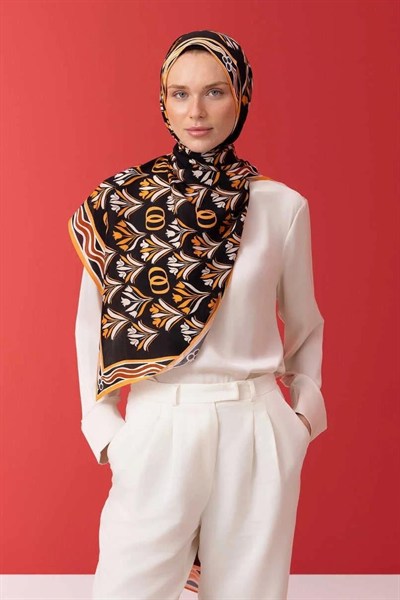 Imannoor Floş Viskon Şal - Yelpaze - Siyah Somon