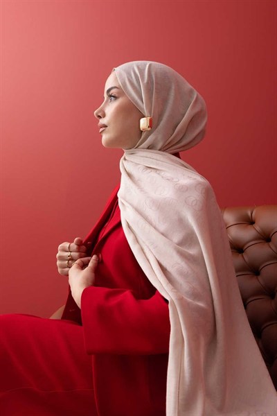Imannoor Pamuk İpek Şal - Zincir Desenli - Krem