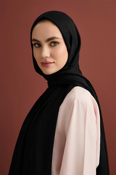 Imannoor Pamuk İpek Şal - Zincir Kare Desenli - Siyah