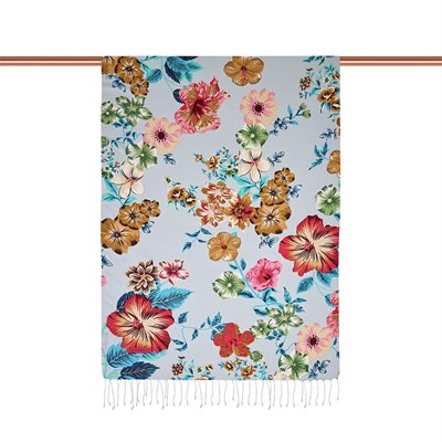 İpekevi Desenli İpek Şal - Floral Desenli - Bebe Mavisi