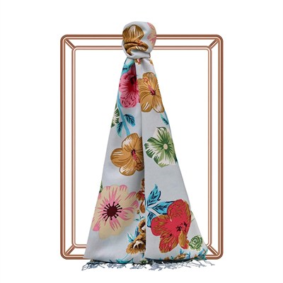 İpekevi Desenli İpek Şal - Floral Desenli - Bebe Mavisi