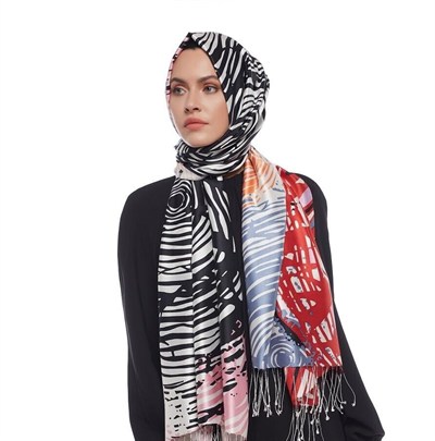 İpekevi Desenli İpek Şal - Zebra Desenli - Mavi Kırmızı