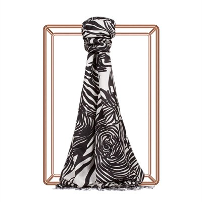 İpekevi Desenli İpek Şal - Zebra Desenli - Siyah Beyaz