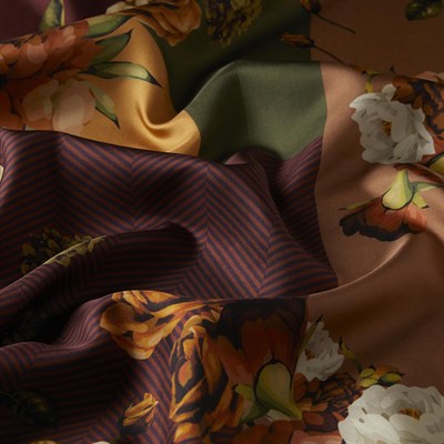 İpekevi Twill İpek Eşarp - Aranjman Desenli - Haki Kahve