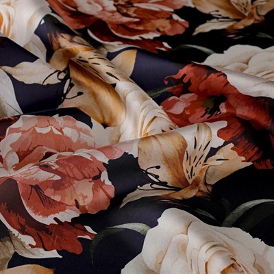 İpekevi Twill İpek Eşarp - Buket Desenli - Lacivert Krem