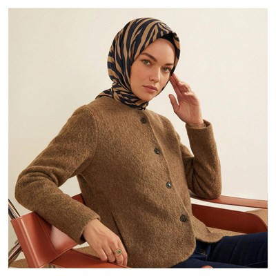 İpekevi Twill İpek Eşarp - Makro Zebra Desenli - Camel