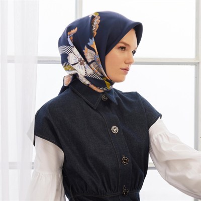 İpekevi Twill İpek Eşarp - Mihrace Çerçeve Desenli - Koyu Lacivert