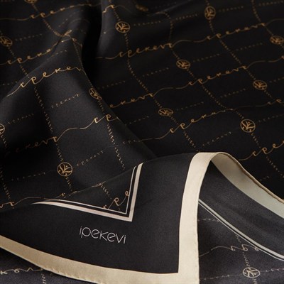 İpekevi Twill İpek Eşarp - Monogram - Siyah Gold