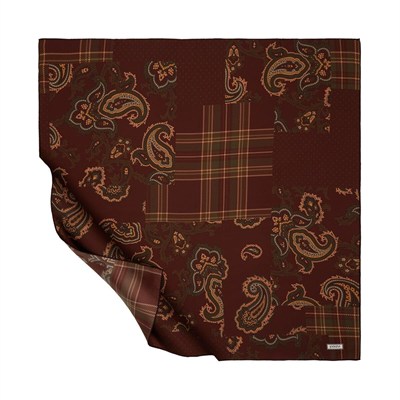 İpekevi Twill İpek Eşarp - Patchwork Desenli - Koyu Bordo