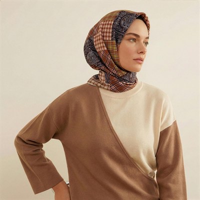 İpekevi Twill İpek Eşarp - Patchwork Desenli - Pudra Mor