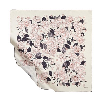 İpekevi Twill İpek Eşarp - Sakura Desenli - İnci Beyazı