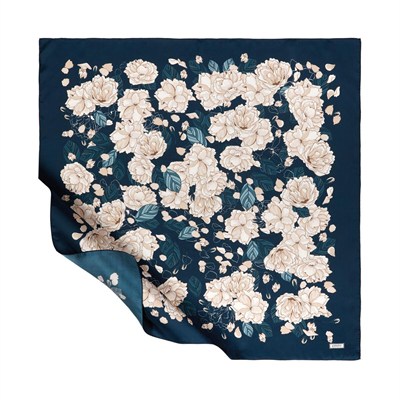 İpekevi Twill İpek Eşarp - Sakura Desenli - Petrol Mavisi