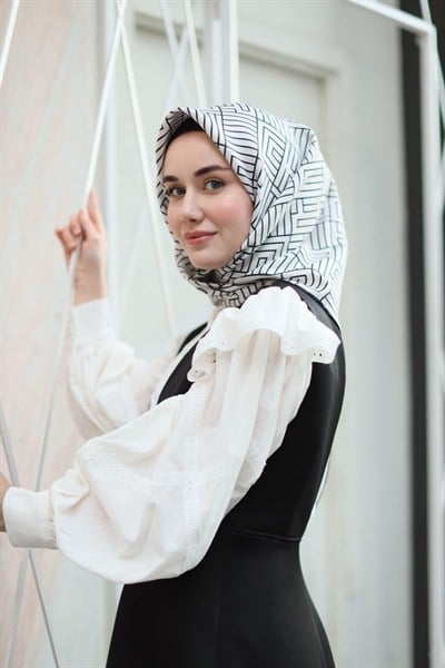 Silk Home Twill İpek Eşarp - 11390-02 Krem Siyah