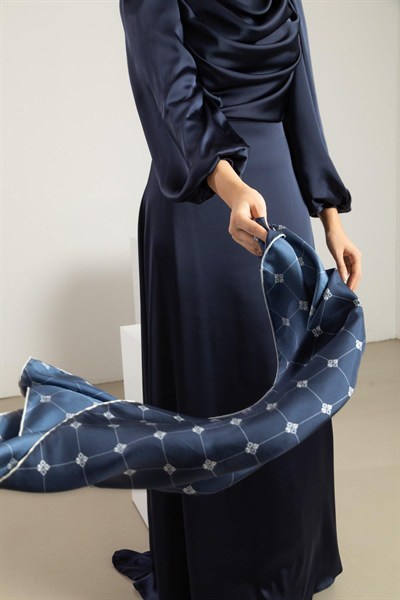 Silk Home Twill İpek Eşarp - 11392-03 Lacivert Ekru